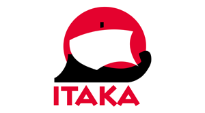 Logo biura podróży Itaka przedstawiające czerwone koło przypominające słońce, stylizowaną czarną łódź z białym żagлем oraz czerwony napis „ITAKA” na jasnym tle.