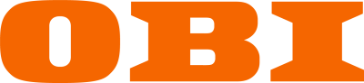 Logo marketu budowlano-dekoracyjnego OBI przedstawiające pomarańczowy, gruby napis „OBI” z charakterystycznymi wcięciami w literach na jasnym tle.