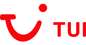 Logo biura podróży TUI przedstawiające czerwoną uśmiechniętą buźkę ze spłaszczonym uśmiechem i kropką u góry oraz czerwony napis „TUI” na jasnym tle.