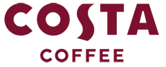 Logo sieci kawiarni Costa Coffee przedstawiające bordowy, pogrubiony napis „COSTA” oraz mniejszy napis „COFFEE” na jasnym tle.