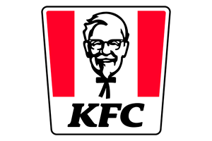 Logo sieci restauracji szybkiej obsługi KFC przedstawiające wizerunek pułkownika Sandersa w okularach i z muszką na tle czerwono-białych pasów oraz czarny napis „KFC”.