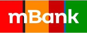 Logo mBanku przedstawiające biały napis „mBank” na tle kolorowych pionowych pasów w kolorach czerwonym, czarnym, pomarańczowym, ciemnoczerwonym, niebieskim i zielonym.