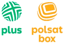 Logo marek Plus i Polsat Box przedstawiające zielony napis „plus” z zielono-białą kulistą grafiką oraz pomarańczowy dwu liniowy napis „polsat box” ze stylizowaną pomarańczowo-białą grafiką kuli na jasnym tle.