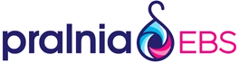 Logo Pralni EBS przedstawiające ciemnoniebieski napis „pralnia”, kolorową grafikę kropli wody lub wiru z wieszakiem na górze oraz różowy napis „EBS” na jasnym tle.