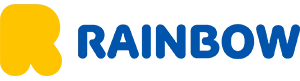 Logo biura podróży Rainbow przedstawiające zaokrągloną żółtą literę „R” oraz niebieski napis „RAINBOW” na jasnym tle.