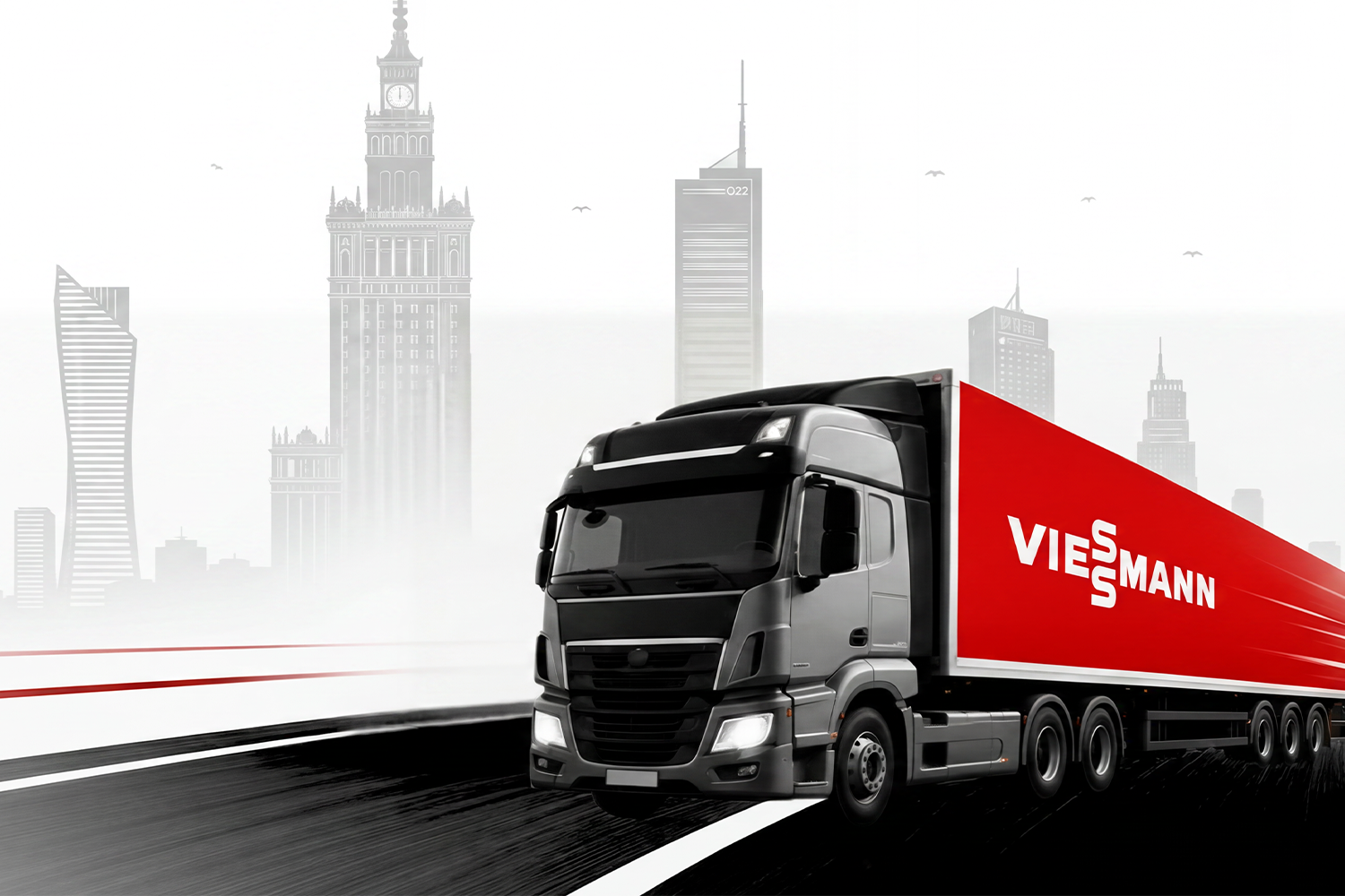Event roadshow w M1 Marki. Grafika przedstawiająca ciężarówkę Viessmann na tle Warszawy.