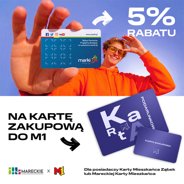 Rabat 5% na kartę zakupową M1 dla mieszkańców Marek i Ząbek. Mężczyzna wyciągający do kamery kartę mieszkańca, napisy informujące o promocji.