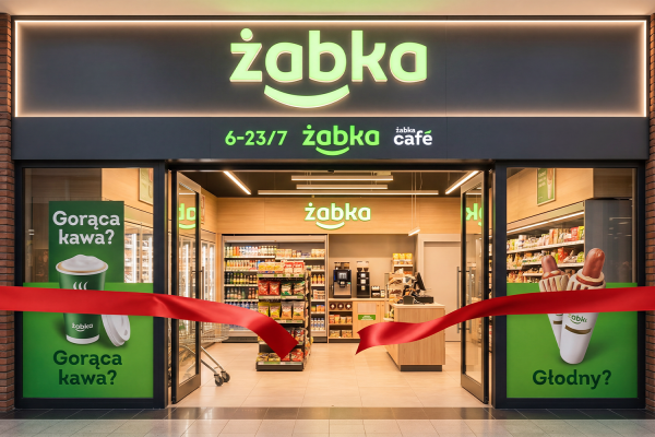 Zdjęcie przedstawiające nowoczesną fasadę sklepu Żabka z widocznym wnętrzem, szyldem Żabka Café oraz czerwoną wstęgą przewiązaną przed wejściem.
